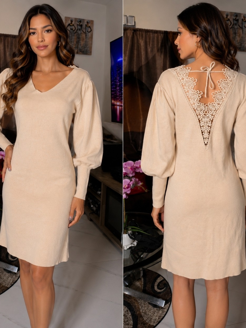 Cream Long-Sleeve V-Neck Sweater Dress with Lace Back